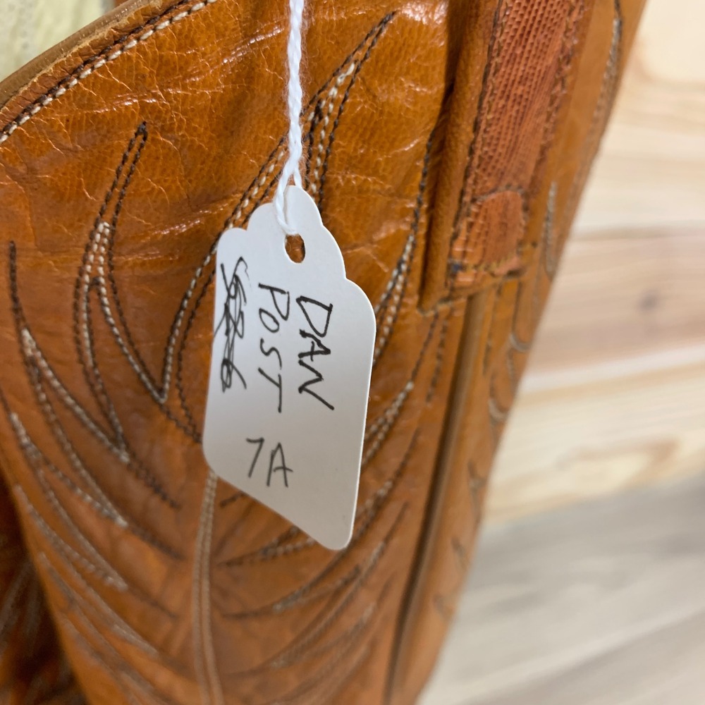 Vtg Dan Post Western Boots Women 7A Cognac Brown Lizard Skin Pointed Toe Cowgirl - Picture 4 of 13